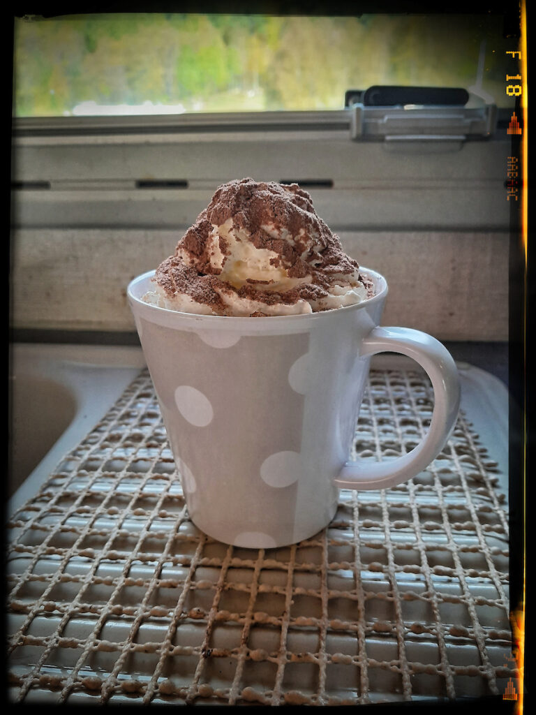 Cup of hot chocolate with whipped cream. There's no need to cosy up when on the road, and what's better than this treat.