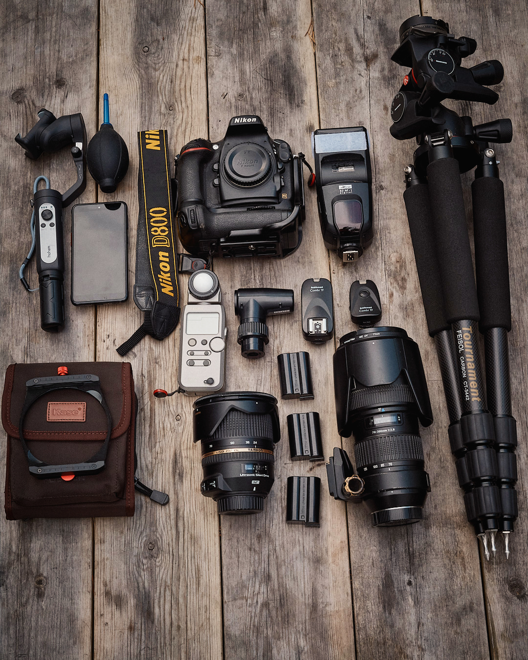 The gear I use regularly. My main camera is a Nikon D800 (with a Nikon MB-12D). As my goto lens I use the Tamron SP 24-70mm f2.8.