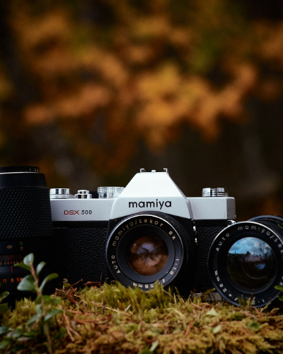 Mamiya DSX 500 camera with two lenses, surrounded by nature in autumn, capturing the essence of reconnecting with classic analog photography.